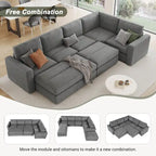 Canapé modulable en velours côtelé gris avec 2 poufs