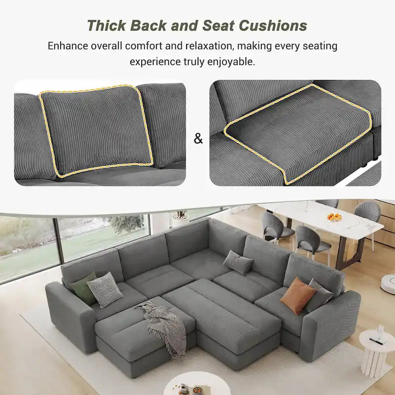Canapé modulable en velours côtelé gris avec 2 poufs