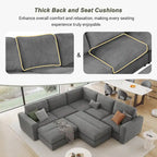 Canapé modulable en velours côtelé gris avec 2 poufs