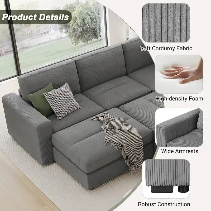 Canapé modulable en velours côtelé gris avec 2 poufs