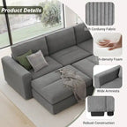 Canapé modulable en velours côtelé gris avec 2 poufs