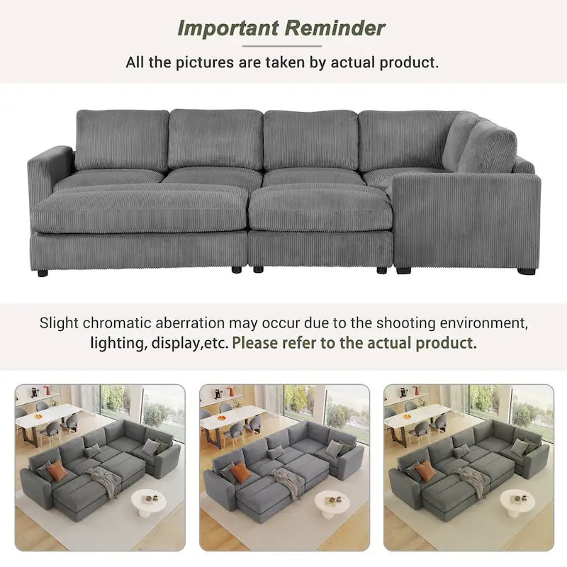 Canapé modulable en velours côtelé gris avec 2 poufs