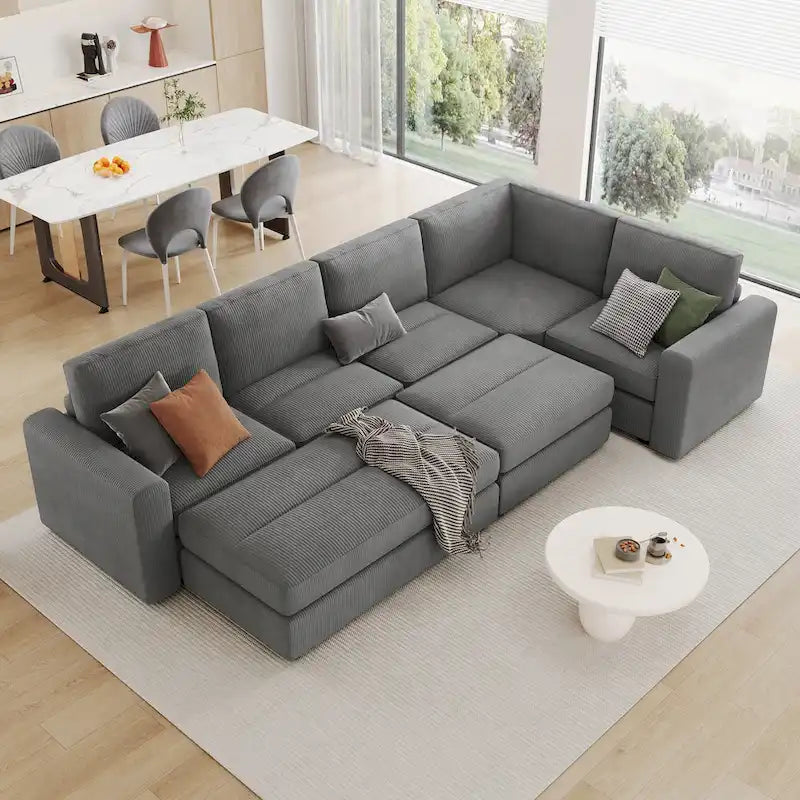 Canapé modulable en velours côtelé gris avec 2 poufs