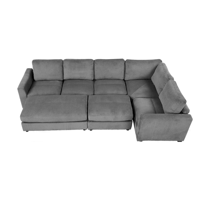 Canapé modulable en velours côtelé gris avec 2 poufs