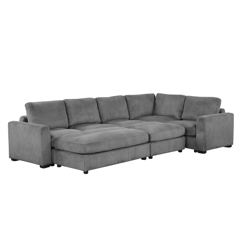 Canapé modulable en velours côtelé gris avec 2 poufs