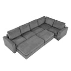 Canapé modulable en velours côtelé gris avec 2 poufs