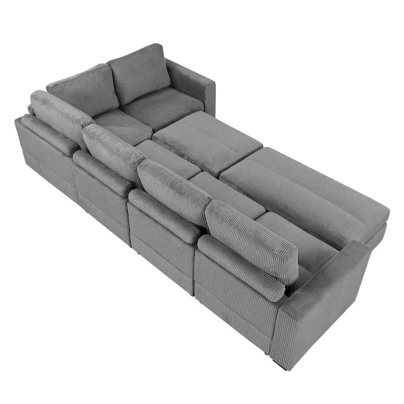 Canapé modulable en velours côtelé gris avec 2 poufs
