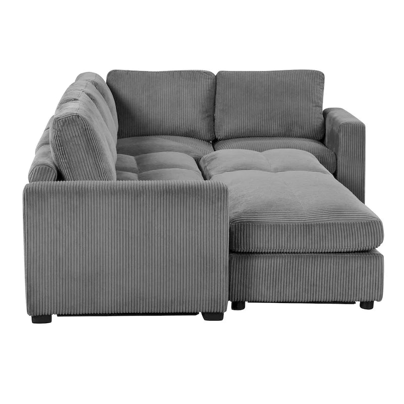 Canapé modulable en velours côtelé gris avec 2 poufs