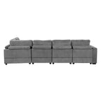 Canapé modulable en velours côtelé gris avec 2 poufs