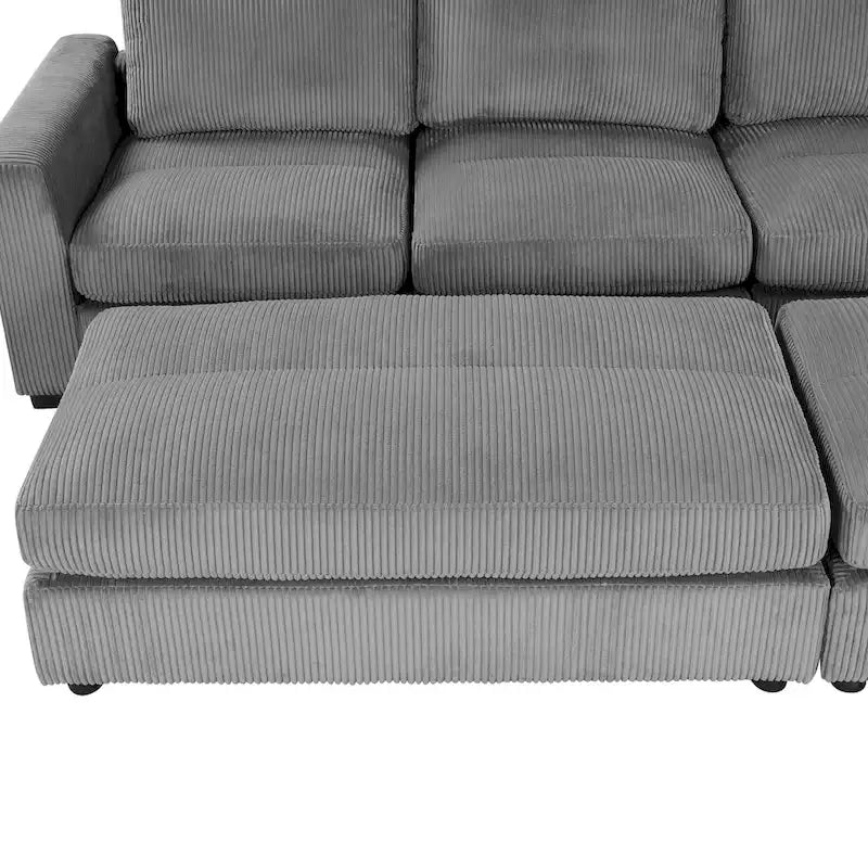 Canapé modulable en velours côtelé gris avec 2 poufs