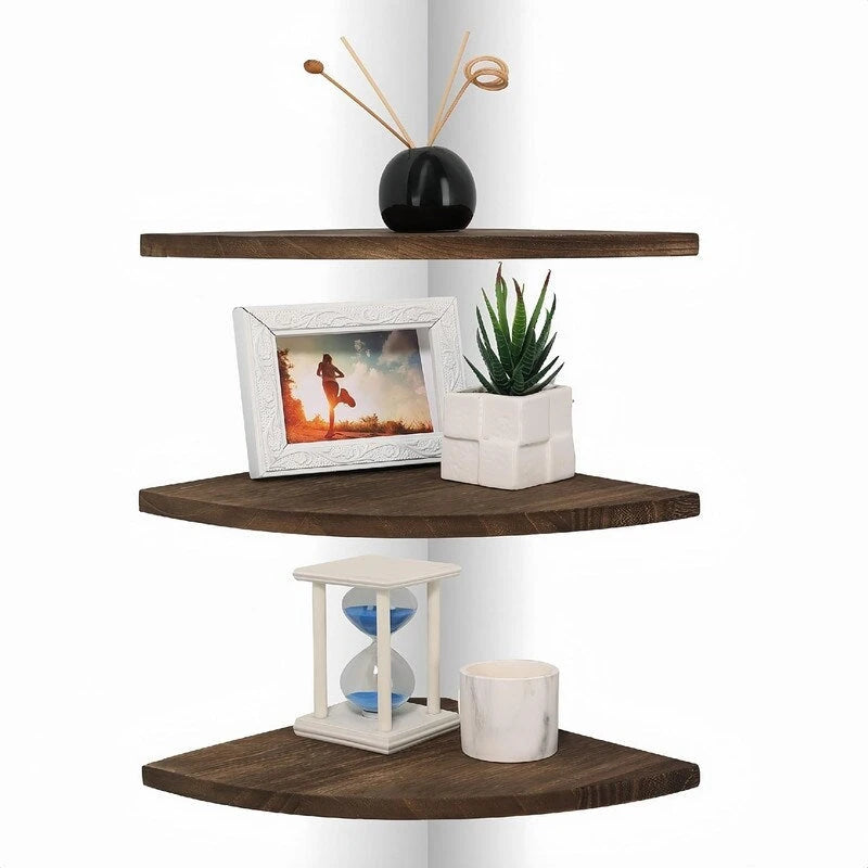 Étagère d'angle murale flottante, Blanc/Noir/Carbonisé/Marron foncé, Lot de 3