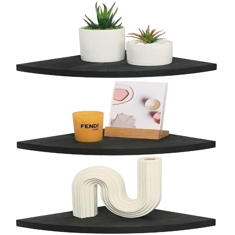 Étagère d'angle murale flottante, Blanc/Noir/Carbonisé/Marron foncé, Lot de 3