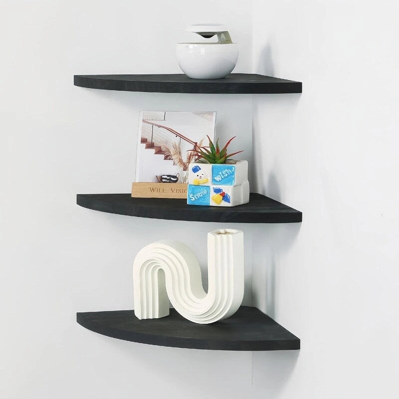 Étagère d'angle murale flottante, Blanc/Noir/Carbonisé/Marron foncé, Lot de 3