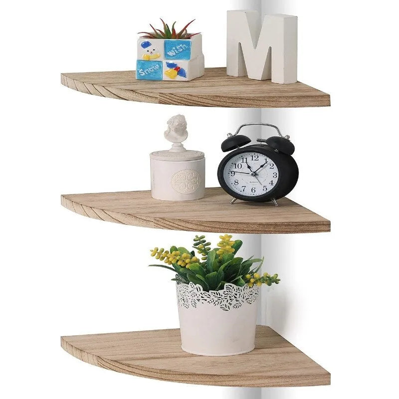 Étagère d'angle murale flottante, Blanc/Noir/Carbonisé/Marron foncé, Lot de 3