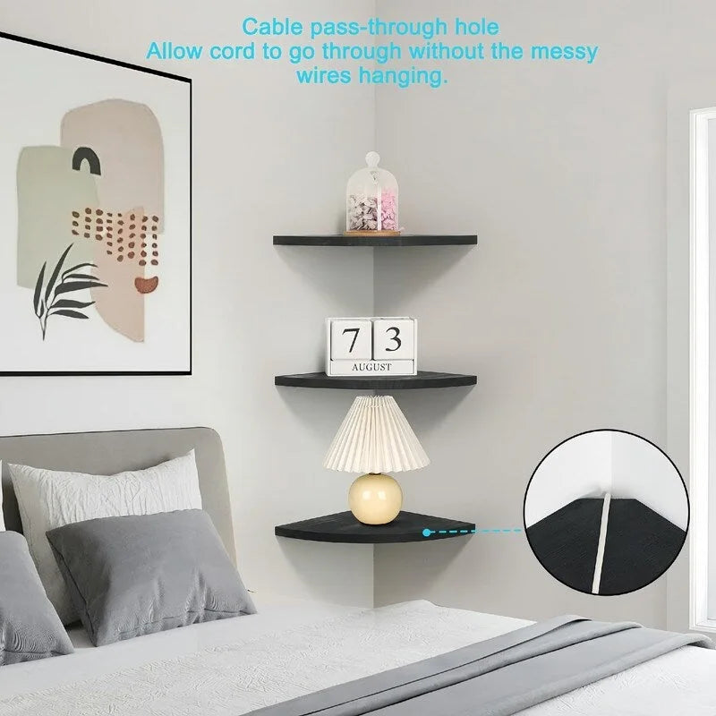 Étagère d'angle murale flottante, Blanc/Noir/Carbonisé/Marron foncé, Lot de 3
