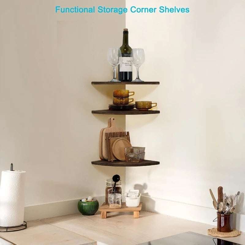 Étagère d'angle murale flottante, Blanc/Noir/Carbonisé/Marron foncé, Lot de 3