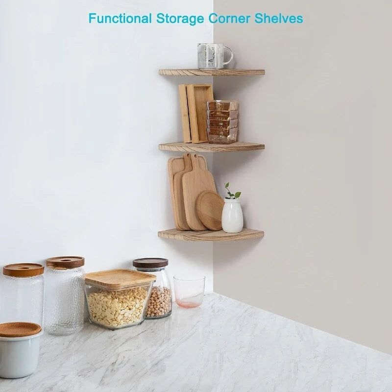 Étagère d'angle murale flottante, Blanc/Noir/Carbonisé/Marron foncé, Lot de 3