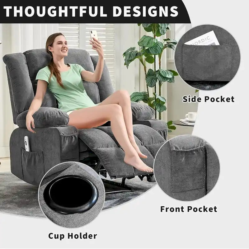 Fauteuil inclinable à bascule gris/marron/bleu avec chauffage et massage, une place
