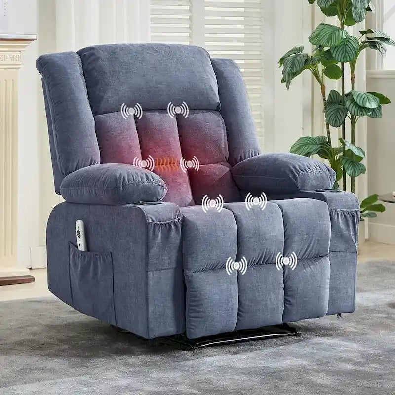 Fauteuil inclinable à bascule gris/marron/bleu avec chauffage et massage, une place