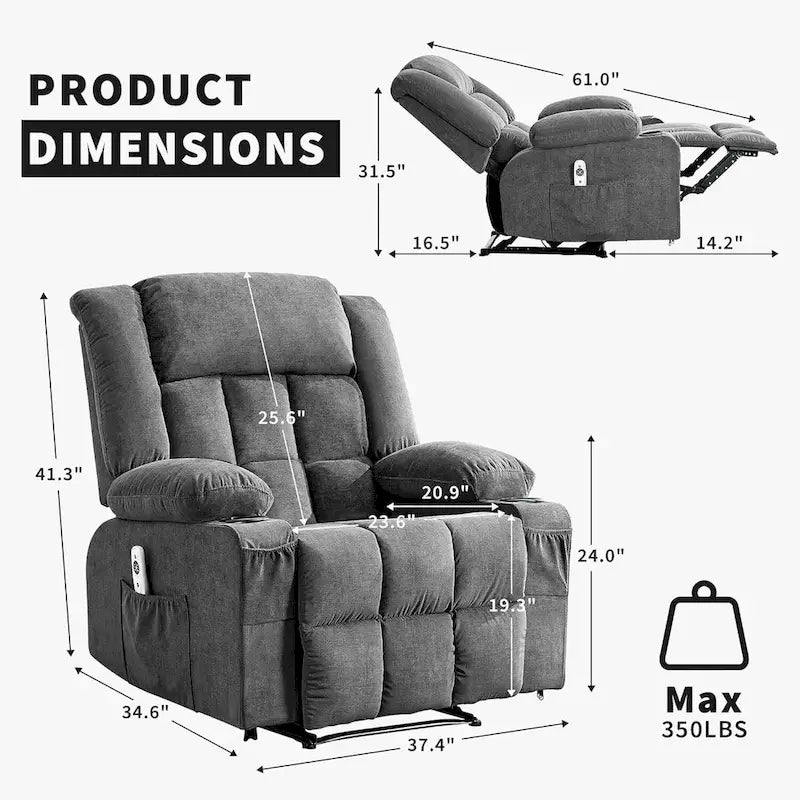 Fauteuil inclinable à bascule gris/marron/bleu avec chauffage et massage, une place