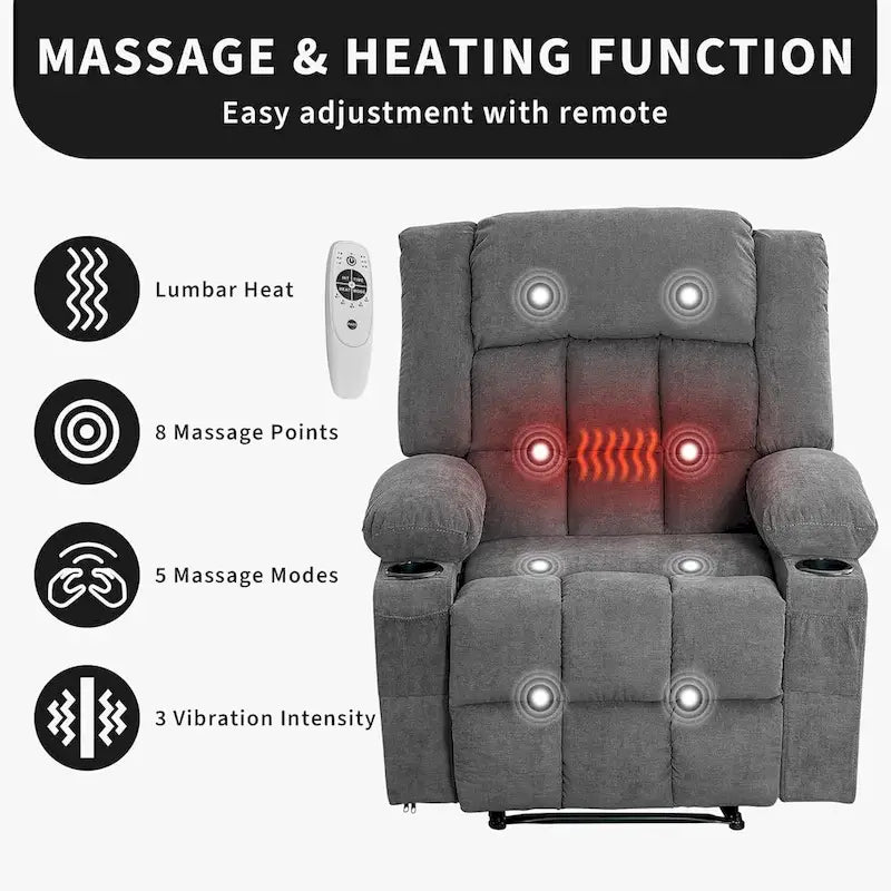 Fauteuil inclinable à bascule gris/marron/bleu avec chauffage et massage, une place