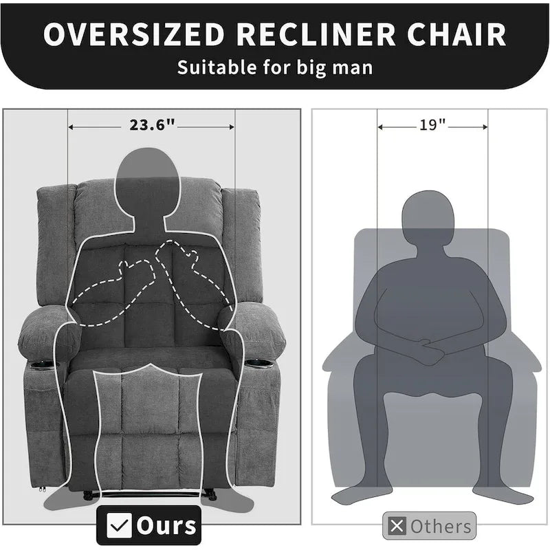 Fauteuil inclinable à bascule gris/marron/bleu avec chauffage et massage, une place