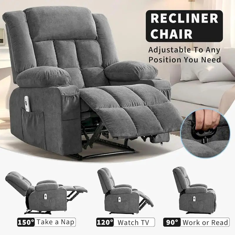 Fauteuil inclinable à bascule gris/marron/bleu avec chauffage et massage, une place