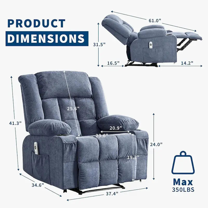 Fauteuil inclinable à bascule gris/marron/bleu avec chauffage et massage, une place