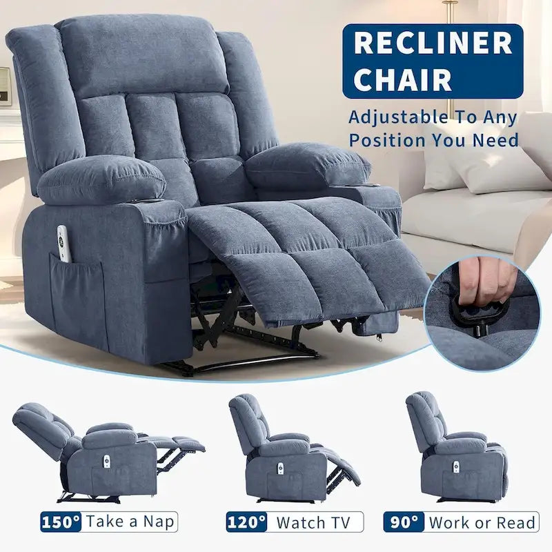 Fauteuil inclinable à bascule gris/marron/bleu avec chauffage et massage, une place