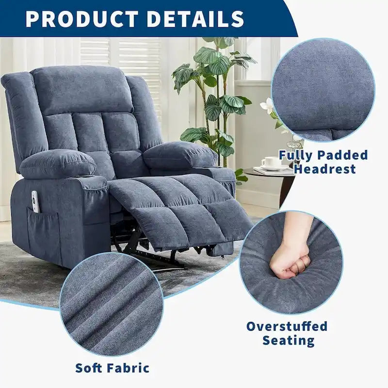 Fauteuil inclinable à bascule gris/marron/bleu avec chauffage et massage, une place