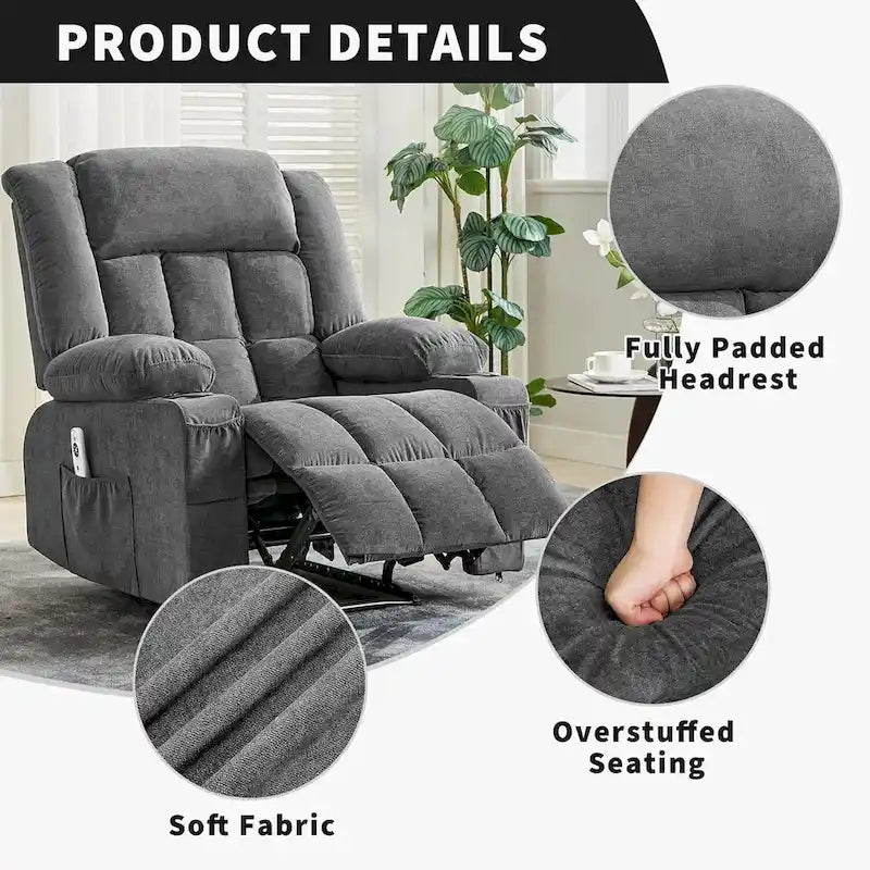 Fauteuil inclinable à bascule gris/marron/bleu avec chauffage et massage, une place