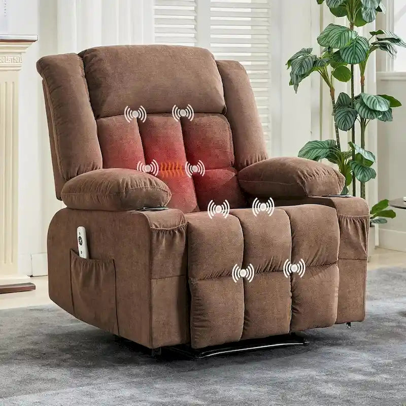 Fauteuil inclinable à bascule gris/marron/bleu avec chauffage et massage, une place