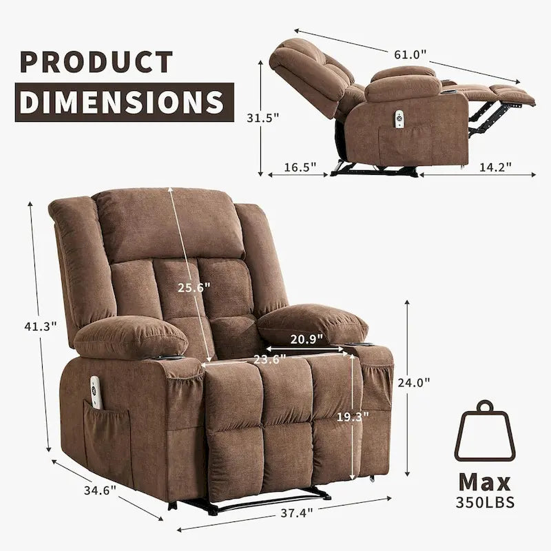 Fauteuil inclinable à bascule gris/marron/bleu avec chauffage et massage, une place
