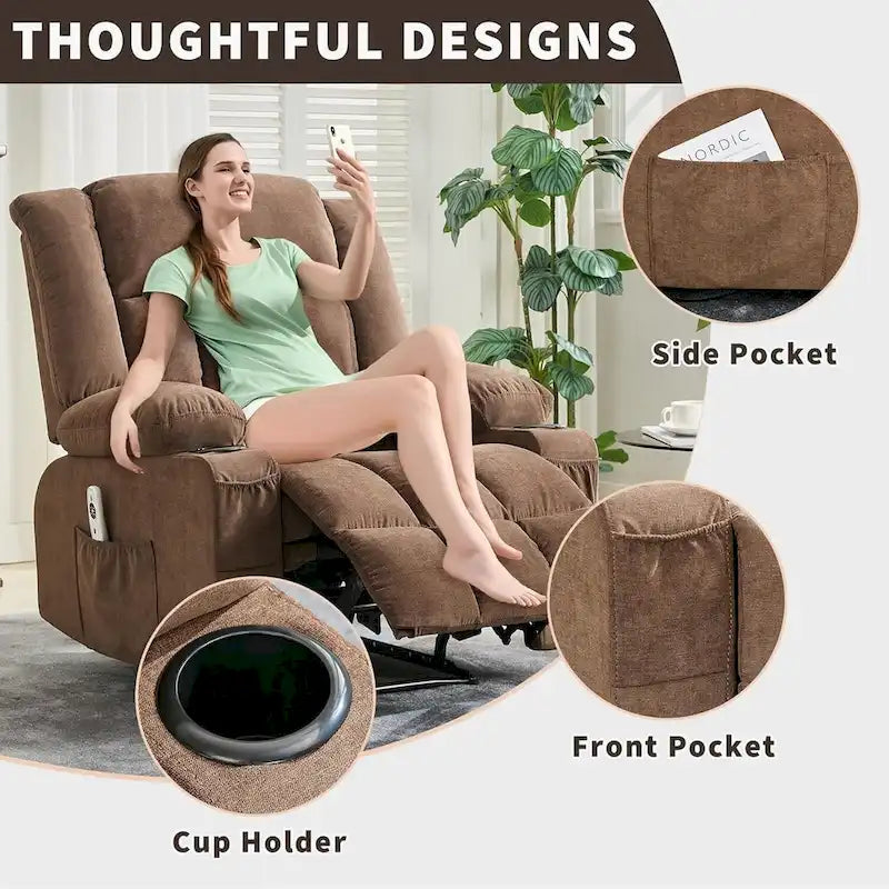 Fauteuil inclinable à bascule gris/marron/bleu avec chauffage et massage, une place