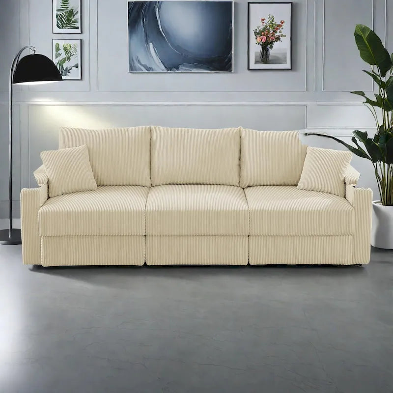 Canapé 3 places en velours côtelé beige/gris avec porte-gobelets et support de téléphone
