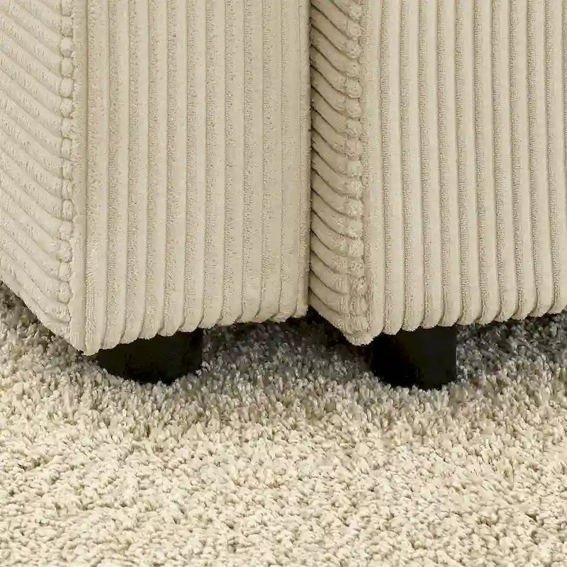 Canapé 3 places en velours côtelé beige/gris avec porte-gobelets et support de téléphone