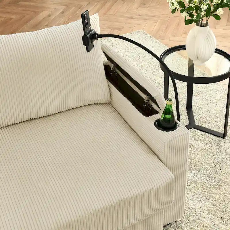 Canapé 3 places en velours côtelé beige/gris avec porte-gobelets et support de téléphone