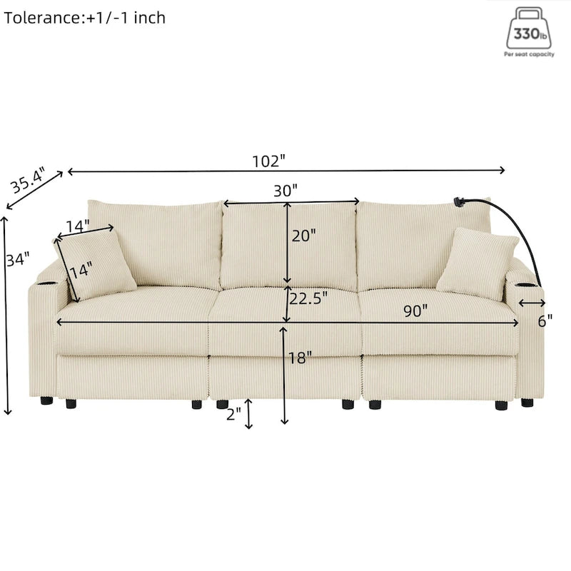 Canapé 3 places en velours côtelé beige/gris avec porte-gobelets et support de téléphone