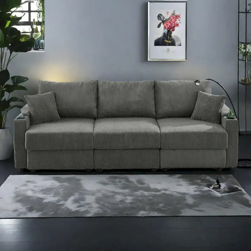Canapé 3 places en velours côtelé beige/gris avec porte-gobelets et support de téléphone