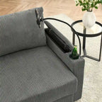 Canapé 3 places en velours côtelé beige/gris avec porte-gobelets et support de téléphone