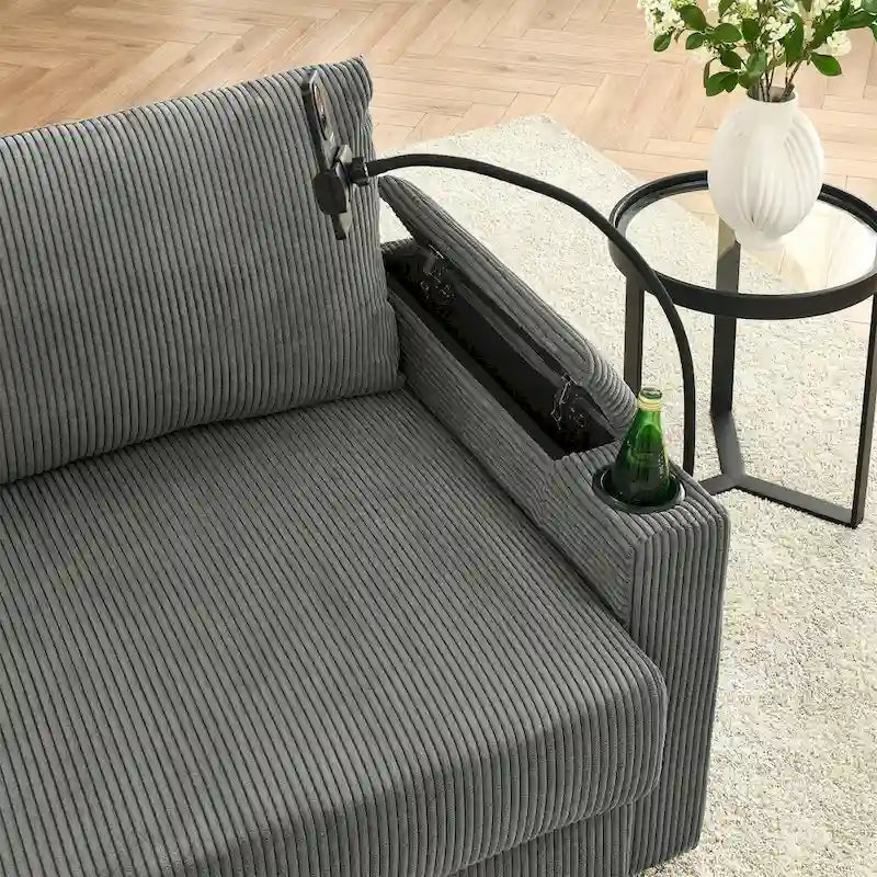 Canapé 3 places en velours côtelé beige/gris avec porte-gobelets et support de téléphone