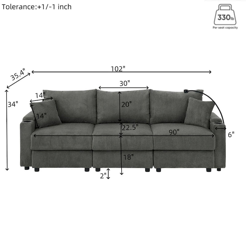 Canapé 3 places en velours côtelé beige/gris avec porte-gobelets et support de téléphone
