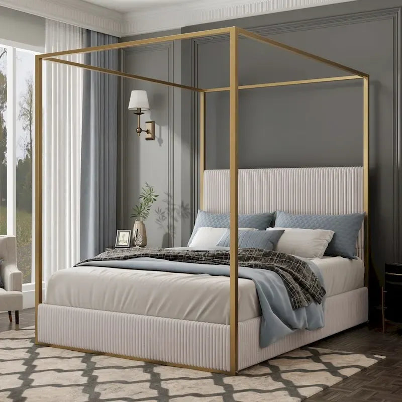 Lit à baldaquin en métal avec tête de lit en velours – Beige/Doré et Noir/Blanc | King et Queen