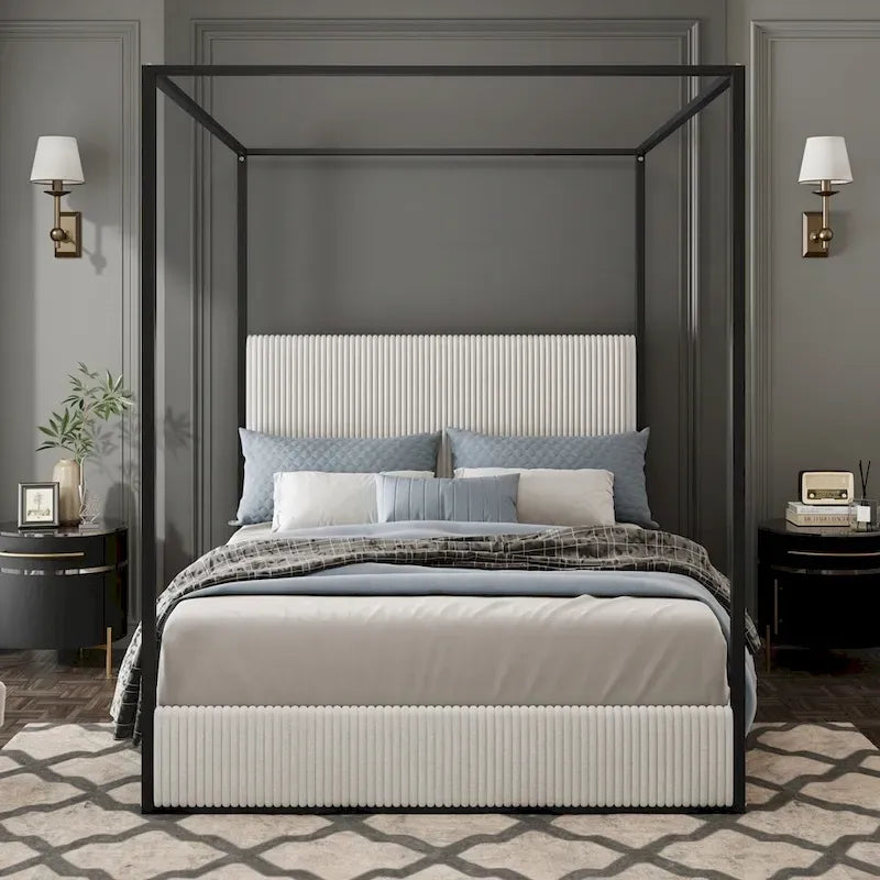 Lit à baldaquin en métal avec tête de lit en velours – Beige/Doré et Noir/Blanc | King et Queen