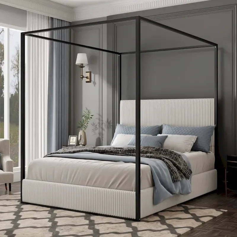 Lit à baldaquin en métal avec tête de lit en velours – Beige/Doré et Noir/Blanc | King et Queen
