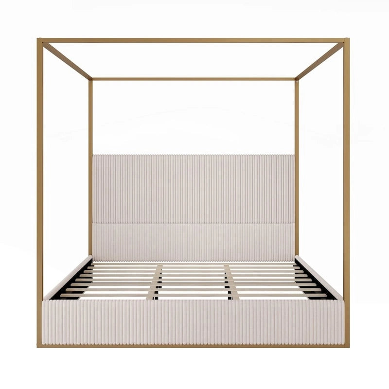 Lit à baldaquin en métal avec tête de lit en velours – Beige/Doré et Noir/Blanc | King et Queen