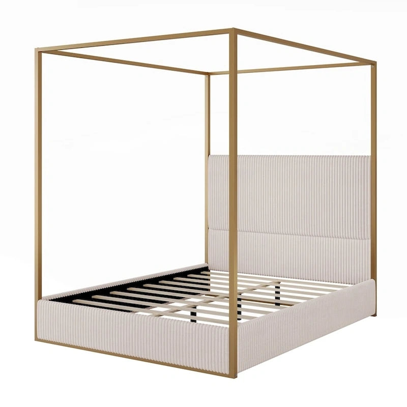 Lit à baldaquin en métal avec tête de lit en velours – Beige/Doré et Noir/Blanc | King et Queen