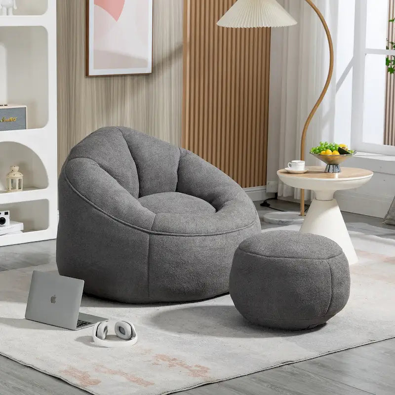 Fauteuil poire avec repose-pieds – Beige / Gris / Bleu, 1 place