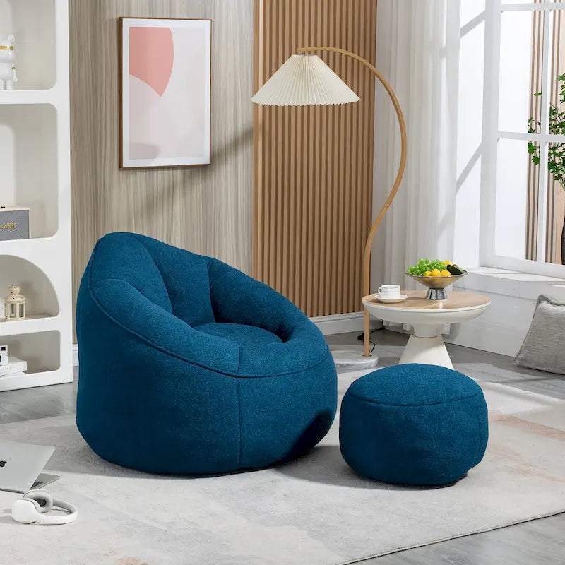 Fauteuil poire avec repose-pieds – Beige / Gris / Bleu, 1 place