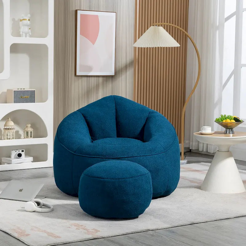 Fauteuil poire avec repose-pieds – Beige / Gris / Bleu, 1 place